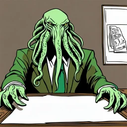 Cthulhu presents a contract to be signed.