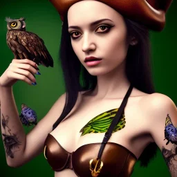 hyper realistic, young cute girl, short black air, green eyes, holding a owl, batterfly simple black tatoo, dressed a steampunk pirate, bra with carved leather, salvador dalì style. high details, thunderstorm. 4k, unreal engine