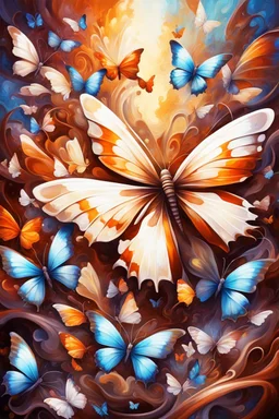 vibrant psychedelic oil painting image, airbrush, 64k, cartoon art image of background BROWN and WHITE BUTTERFLIES , futurism style