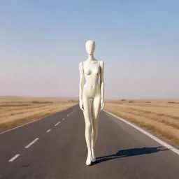 autochrome of an ethereal display mannequin on an empty road,1970
