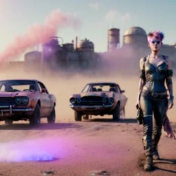 Ultra Realistic photo, medium shot view, drunken women, mad max scene, sexy steampunk. Pink hair, confeti, Sunglasses, smoking, happy, festival, red fog. highly detailed, concept art, unreal engine 5, ray tracing, RTX, lumen lighting, ultra detail, volumetric lighting, 3d, finely drawn, high definition, high resolution.