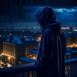 girl in a raincoat, watching the empty city, at midnight, dark grey colours, rainy, atmospheric, photo quality