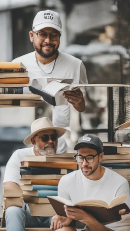 A man wearing a white Dad Hat, glasses, and reading