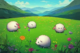 bucolic English countryside, peaceful sheep grazing in bright green grass, tiny colorful wildflowers Modifiers: extremely detailed bright studio setting 8k rose tones oil on canvas very attractive beautiful