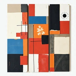 Create a triptych with three long vertical panels inspired by this image. Each panel should showcase abstract elements such as varied blocks, lines, and patterns, blending earthy tones of blue, red, orange, and black. Ensure the design flows seamlessly across the panels, incorporating textured details and subtle color variations. Display the triptych on a white background to highlight the modern, handcrafted quality and artistic depth of the composition.