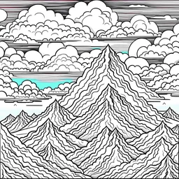 Clouds embracing serene mountain ranges, Clister crisp clear lines, clean line art, line art, Black and white coloring page, for adult, perfect shape, realistic, unique, unique style, masterpiece, variation, clean coloring page, coloring book illustration, no shading, only draw outlines, crisp, full page, use up the entire screen,