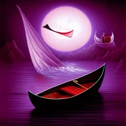 Charon in his boat on the river Styx, red black purple colours, 8k, high definition, fantasy art