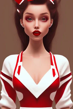 Maria, West Side Story, medium brown skin, bright red lipstick, medium dark brown hair, white flowy dress with a red ribbon only around the waist, straightened hair, White Heels, long black eyelashes, flawless skin, smiling