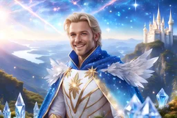 A beautiful photo hyper realistic shiny white huge cosmic crystal transparent and luminous faery castle on blue hills in the background with the portrait of a gorgeous smiling blonde man dressed in blue glitter and bright gold galactic uniform and cloak of light floating in the sky, crystals water, diamonds, glitter smalls white and littles stars, white and glitter, cosmos, 4k, ultra details, real image with intricated details, unreal engine 4, bokeh
