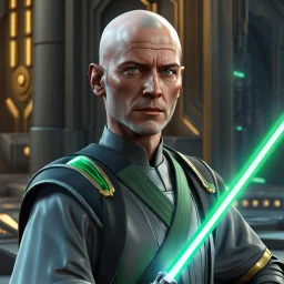 star wars bald male corellian jedi pilot wearing black and gunmetal grey old republic armored robes with gold trim inside the jedi temple holding a lightsaber with viridian green blade in left hand, centered head and shoulders portrait, hyperdetailed, dynamic lighting, hyperdetailed background, 8k resolution, volumetric lighting, light skin, fully symmetric details