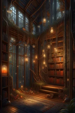 Forest library, autumn, many books,nature,natural lines, lamp garlands, twilight,dark,botanical maximalism boho style, hyperrealism, hyperdetalization, high quality, 32k, dark botanical, bionics, bionic elements,grunge, magic, fantasy, many complex details, filigree, clarity, sharpness, 8d painting, concept art, 35 mm, contrast