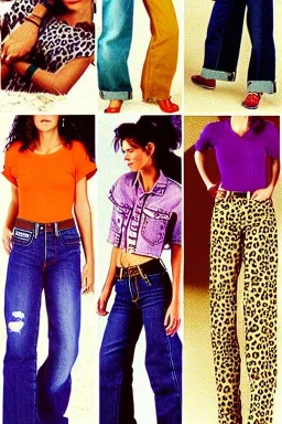 year 1996 denim fashion. Loose fit, low waist, baggy. Colors: denim blue, blue, purple, khaki, light green, lilac, plum, orange, terracotta, red, pink, dark blue, beige. Patterns: cheetah, balls, stripes. Women models. Sharon Stone, Sandra Bullock, Winona Ryder, Milla Jovovich, Big tennis shoes on. Latex in small part, areas, clothes..