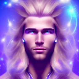 smiling beautifull long hair blond man face with cristal diamond on the forehead , cosmic armor and cosmic purple and blue sky behind