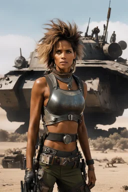 The scene zooms in on Halle Berry, her eyes focused and determined, as she stands before her tank in the desolate wasteland. The tank, a hulking metal beast, is adorned with makeshift armor and weapons, a testament to Tank Girl's resourcefulness and resilience. As the wind whips through her hair, Berry's character, Tank Girl, adjusts her goggles and tightens the straps of her leather jacket. She carries herself with a raw intensity, ready to face the dangers that lie ahead. The wasteland may be