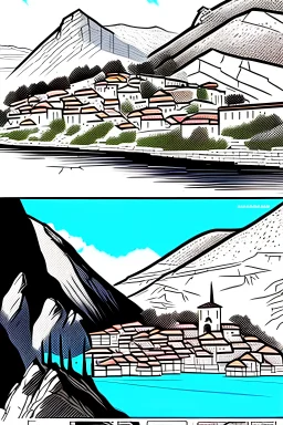 Draw the landscape of Montenegro in comic style.