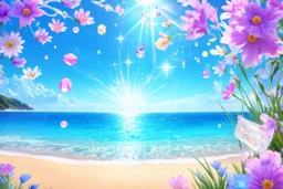 enchanted cosmic landscape in spring with bright little flowers and little gems and crystals with a crystalline sea and beach