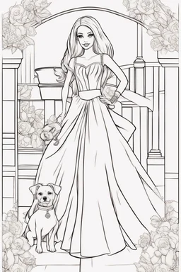outline art for kids barbie coloring pages with barbie and dog, no background, sketch style, full body, only use outline, mandala style, clean line art, white background, no shadows and clear and well outlined. should look exactly like barbie