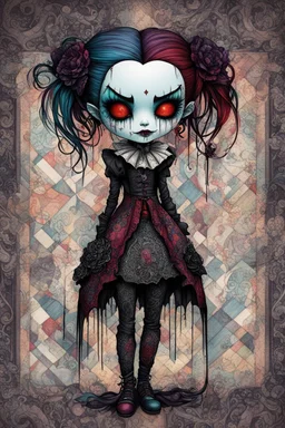 full color, full body illustration of a dark menacing Victorian goth vampire girl as a patchwork cloth doll toy, with contrast stitching across her patchwork face, art in the style of Alex Pardee, , 8k , finely detailed and precise line work,