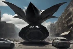 Sleek, cargo spaceship, looking like a manta ray, landing on a destroyed alien street, blue sky, photorealistic, highly detailed