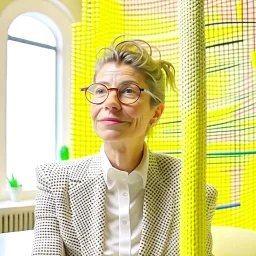 medium-full shot of a Monday lover with deep wrinkles and a warm smile and eyeglasses, sitting in a charming cafe with plants in the background, looking at the window, wearing a pastel linen blazer with a floral print, natural afternoon light shining through the windows, shot on Agfa Vista 200, side-angle view, 4k, --stylize 1000