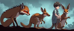 evolution from lizard foxes to kangaroos men looking cool, anime style