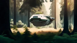 sleek cargo spacecraft landing in a clearing surrounded by trees