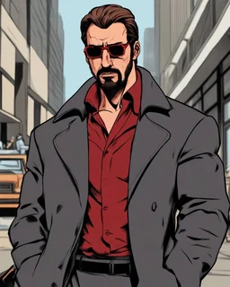 a young man with big muscles who looks like hans gruber wearing a heavy coat and red sunglasses staring with an irritated look on his face