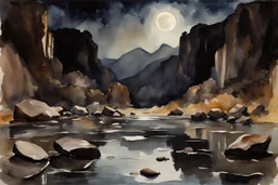 Night, rocks, gothic horror movies influence, puddle, mountains, epic, john singer sargent watercolor paintings