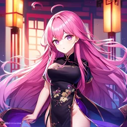 girl, masterpiece, best quality, volumetric lighting, detailed outfit, perfect eyes, pink hair, long hair, vibrant purple eyes, black stockings, chinese clothes,