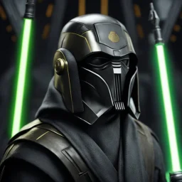 star wars bald male corellian jedi pilot wearing gunmetal grey and black old republic armored robes with gold trim inside the jedi temple holding a lightsaber with viridian green blade in left hand, centered head and shoulders portrait, hyperdetailed, dynamic lighting, hyperdetailed background, 8k resolution, volumetric lighting, light skin, fully symmetric details