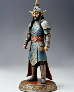 photo of a tabletop role-playing miniature of a sleek medieval mongol-elf wearing minoan armour with Minoan patterns. the miniature is full body and stands on a base. the miniature is in the style of art nouveau, Alan lee, john howe, rodin, giacometti