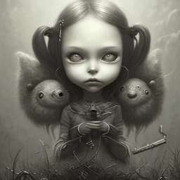 cute girl with little monster, style <John Kenn Mortensen>,