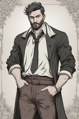 man, medieval, fighter, russian, croocked nose, czar, rich, simple clothes, short messy hair, thick beard, oligarch, leather coat with fur, brocade clothes, pencil drawing, black or red hair, muscles, background frame, 28 years old