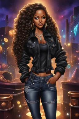 Create a digital airbrush cartoon of an African American female wearing a black jean outfit with timberland boots. Prominent make up with hazel eyes. She is wearing large diamond hoop earrings. Extremely highly detailed very long curly hair that shines. Background of a night club.