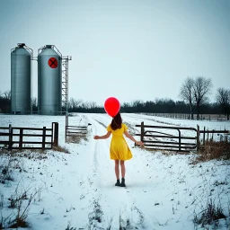 Bonkers absurd and makes no sense, glitchy washed out photography, anthropomorphic bovine sepsis with very long legs and engine udders, girl in sun dress holding a red balloon approaches the cattle gates of nightmare, surreal, profound, dramatic, low contrast, sinister farmpunk, background a creepy absurdist winter snow covered farm with silos with nuclear symbols on them