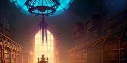 Neverending Massive magical ancient library, fantasy, with bird cages hanging from ceiling, misty