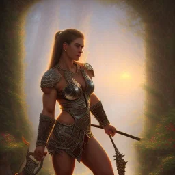 cinematic, majestic female barbarian, bodybuilder woman, bokeh, castle fortress, by thomas kinkade mark keathley terry redlin