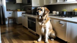 Sitting expectantly by the kitchen, a dog displays their best behavior to negotiate a tasty treat