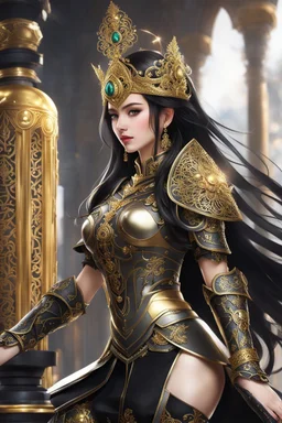 photography High Details,front_view, (1Queen, looking at viewer), black long hair,traditional dress ornaments mechanical_armor, intricate armor, delicate golden filigree, intricate filigree, black metalic parts, detailed part, dynamic pose, abstrac background, dynamic lighting