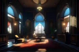 Luxurious Iranian mansion indoors, in the main library, there it a rectangular frame for a painting, cinematic lighting, octane rendering, 8k, ultra high definition, unreal engine, hyperrealism.