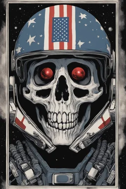 A close up of a skeleton face looking shocked, in an astronaut helmet and suit floating in space. inside the hollow eyes are red shining lights, scary. On his suit is an American flag and in his one hand is a small wavering American flag, on it is written "boned in the USA". From the back of his suit is blowing out blue, white and red smoke. Realistic, 8k, highly detailed, funny