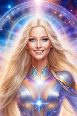 cosmic woman smile,beautiufos rainbow, admiral from the future, galactic confédération, fine whole face, crystalline skin, expressive blue eyes,rainbow, smiling lips, very nice smile, costume pleiadian, Beautiful tall woman pleiadian Galactic commander, ship, perfect datailed golden galactic suit, high rank, long blond hair, hand whit five perfect detailed finger, amazing big blue eyes, smilling mouth, high drfinition lips, cosmic happiness, bright colors, blue, pink, gold, jewels, realist,