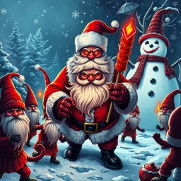 there is no kebabs at christmas, evil Santa, evil gnomes running around, king diamond, flaming eyes, evil Rudolf, very big evil Frosty the snowman in background, kebabs and kebab