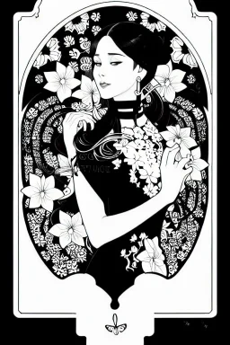 black and white, high contrast, thick line, coloring book illustration, lineart, stunningly beautiful woman in flowers, ross tran, alphonse mucha