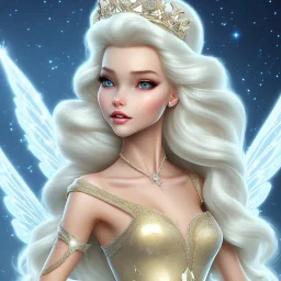 Snow white, beautiful, soft, smiling, straight and long blonde hair, dewy and shiny vibe, diamond crown, long fairy wings in the back, full head