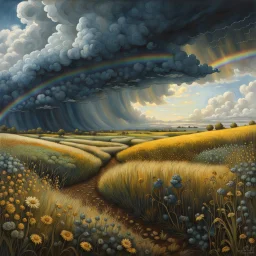 A collaboration between Salvador Dali, Vincent Van Gogh, and Jean Baptiste Monge. Swirling rainbow storm clouds over a vast field of long grass and plentiful flowers swaying in the winds. Modifiers: highly detailed elegant extremely detailed fantasy intricate high detail fantastic view close up ultra detailed