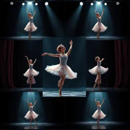 create storyboard of 9 images of a beautiful balerina in pretty clothing in a modern cifi stage in her performance cinamatic lights .