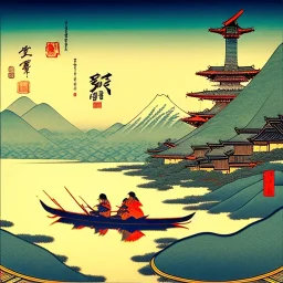 Ukiyo-e styled art, stream, mountain, sun, family on a boat