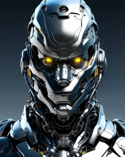 Cyborg armor with helmet on head serious face