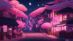 Cute pink-aesthetic anime town at night